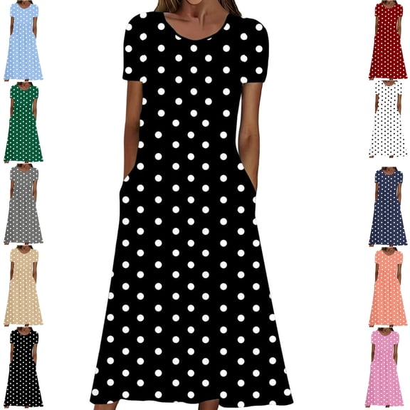 Gamivast Polka Dot Dress for Women Short Sleeve Crew Neck Maxi Dress With Pockets Loose Fit Casual Dresses A-Line Summer Sundress Sun Dresses Beach Wear