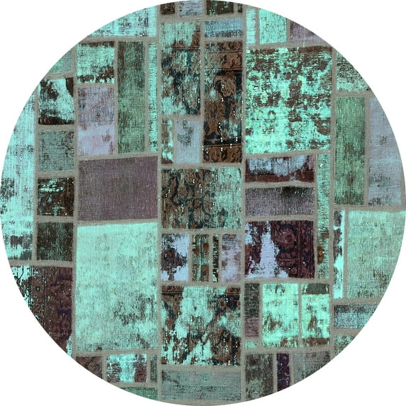 Ahgly Company Machine Washable Indoor Round Patchwork Turquoise Blue Transitional Area Rugs, 3' Round