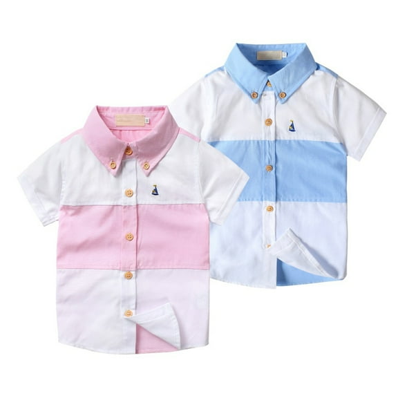YTDSCS 1-9T Boys Short Sleeve Stripe Shirt Baby Summer Lapel Cotton T-Shirt Kids Button Dress Shirt with Pockets for Toddler