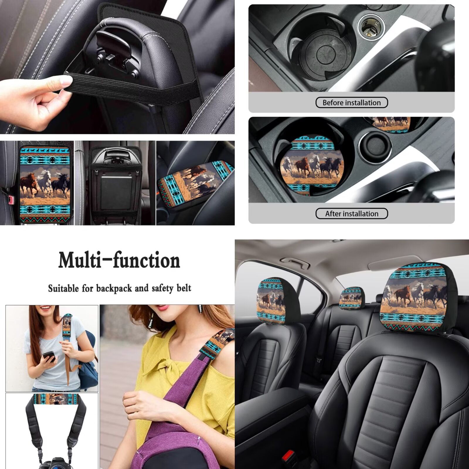 Dolphin Ocean Car Seat Covers Full Set - Front & Rear Seat Protectors + Steering Wheel Cover + Belt Pads