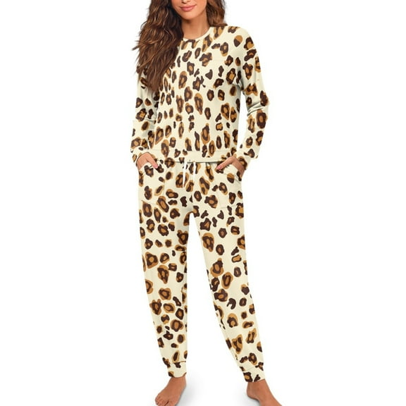 SCRAWLGOD Leopard Print Pjs for Women Pajama Sets 2 Piece Sleepwear for Women Fall Size S Long Sleeve Graphic Pajamas Ladies Elastic Women's Pj with Pockets