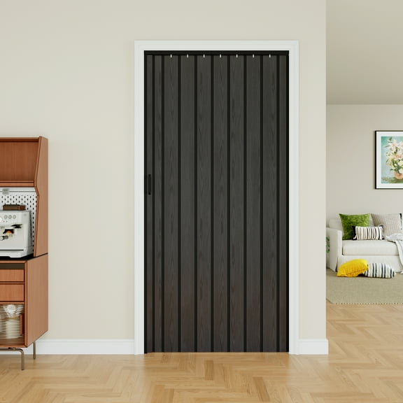 36 x 80 Single Layer Accordion Door for Doorway, for Opening Width 24"-36", Strong Magnet Folding Door, Trimmable Height&Width, Room Dividers for Pantry Laundry Closet RV, Black Wood Grain