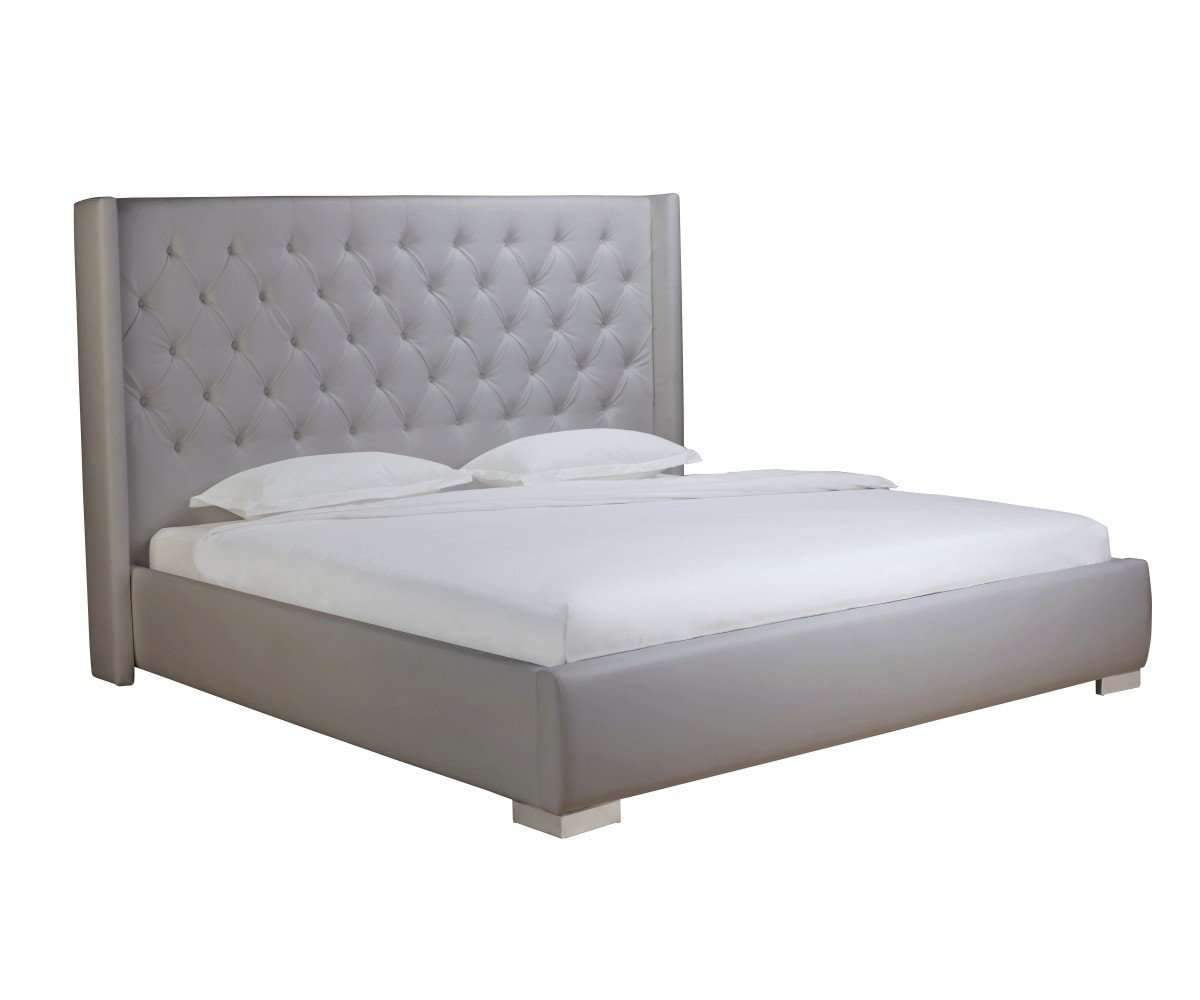 Regal Bed Queen, Gray Faux Leather, tufted headboard, chrome feet