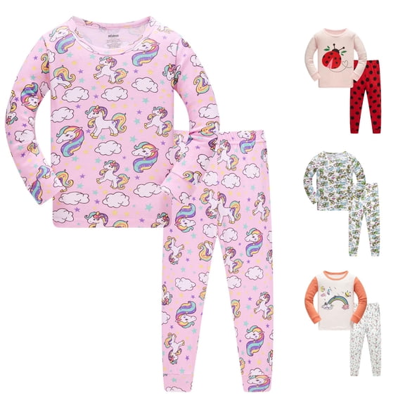 CUZIBR Girls Outfits Crewneck Pajamas Cartoon Animals Print Long Sleeve Sleepwear For Kids Toddler 2 Piece Pjs Clothes Sets,Pink,3-4 Years