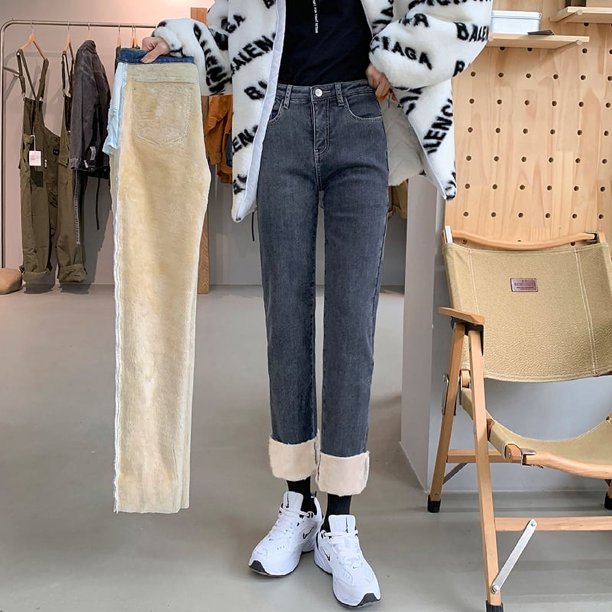 Pantalones vaqueros gruesos y cálidos para mujer, pantalones de lana elásticos de longitud completa, pantalones de pierna ancha de cintura alta informales a la moda, Invierno