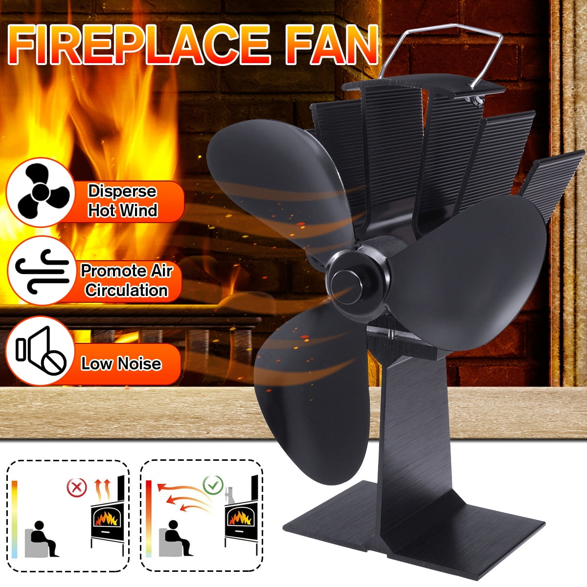 3 Blades Ultraquiet Heat Powered Stove Fan Thermal Fire Heater Power Wood Stoveor Wood/Log