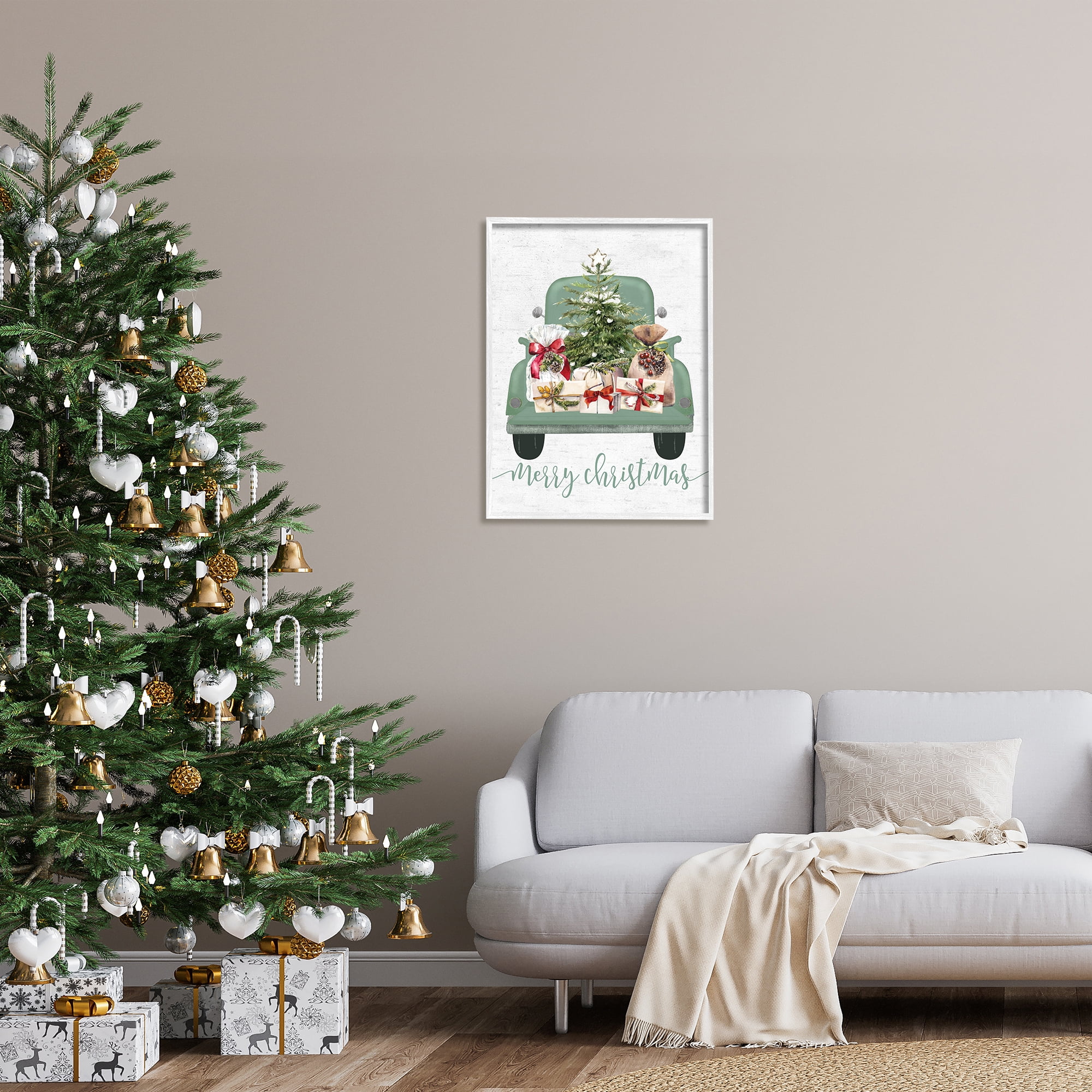 Stupell Industries Merry Christmas Truck Holiday Painting White Framed Art Print Wall Art, 24 x 30