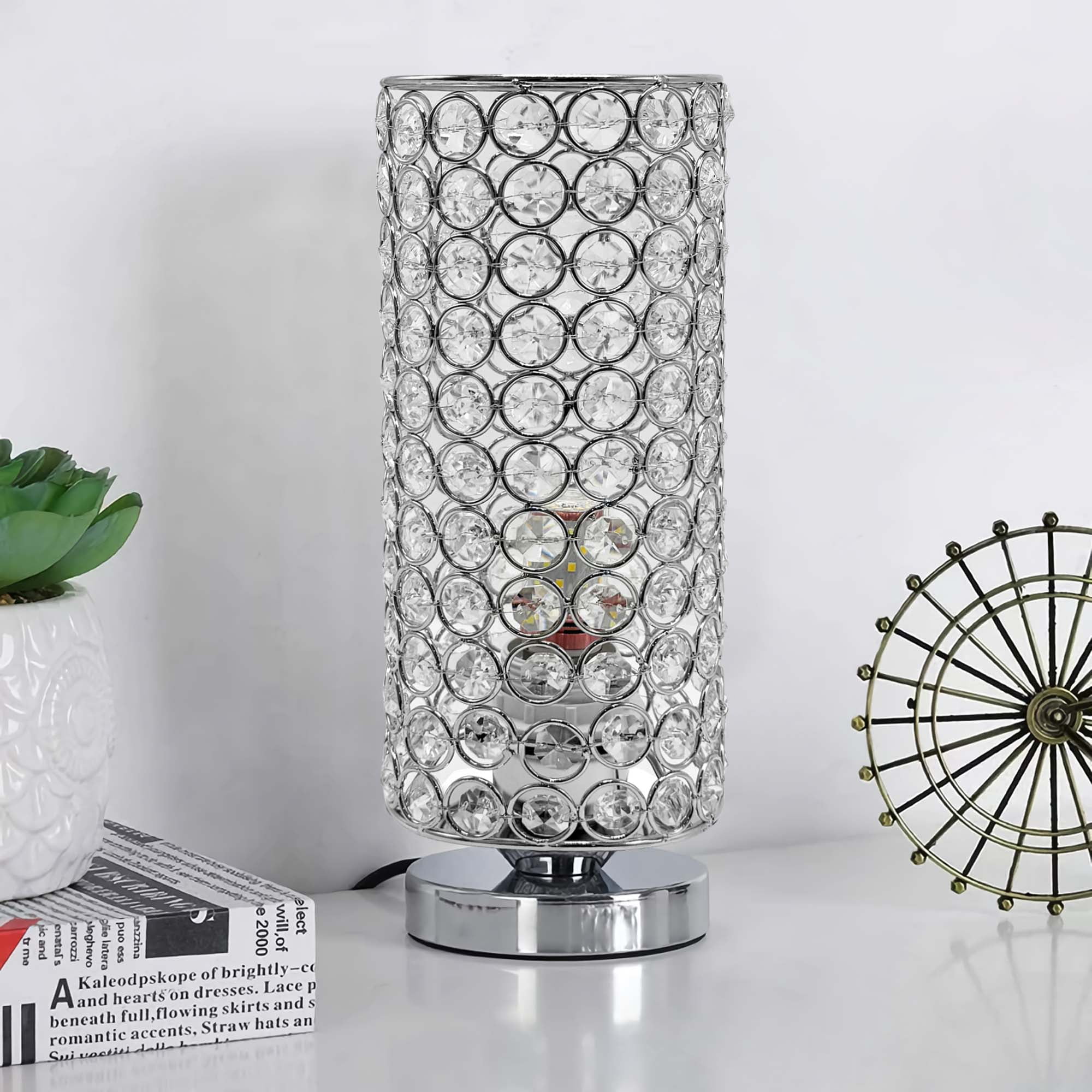 Crystal Table Lamp, HadinEEon Modern Nightstand Lamp with 3 Color Temperatures and Base, Silver