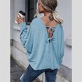thumbnail image 3 of Camiseta de punto de Color sólido para mujer, Camiseta de algodón con cuello redondo, Tops informales de manga larga para mujer, camiseta de frenilum sin espalda, 3 of 4