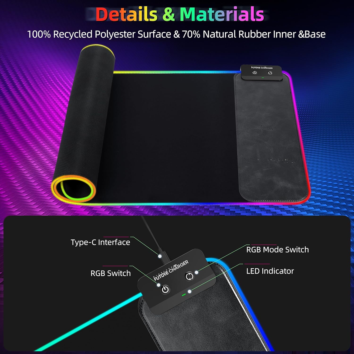 Miroddi Mouse Pad with Wireless Charging, 15W RGB Gaming Mousepad with 9 Light, LED Large Desk Mat with Waterproof Non-Slip Rubber Base