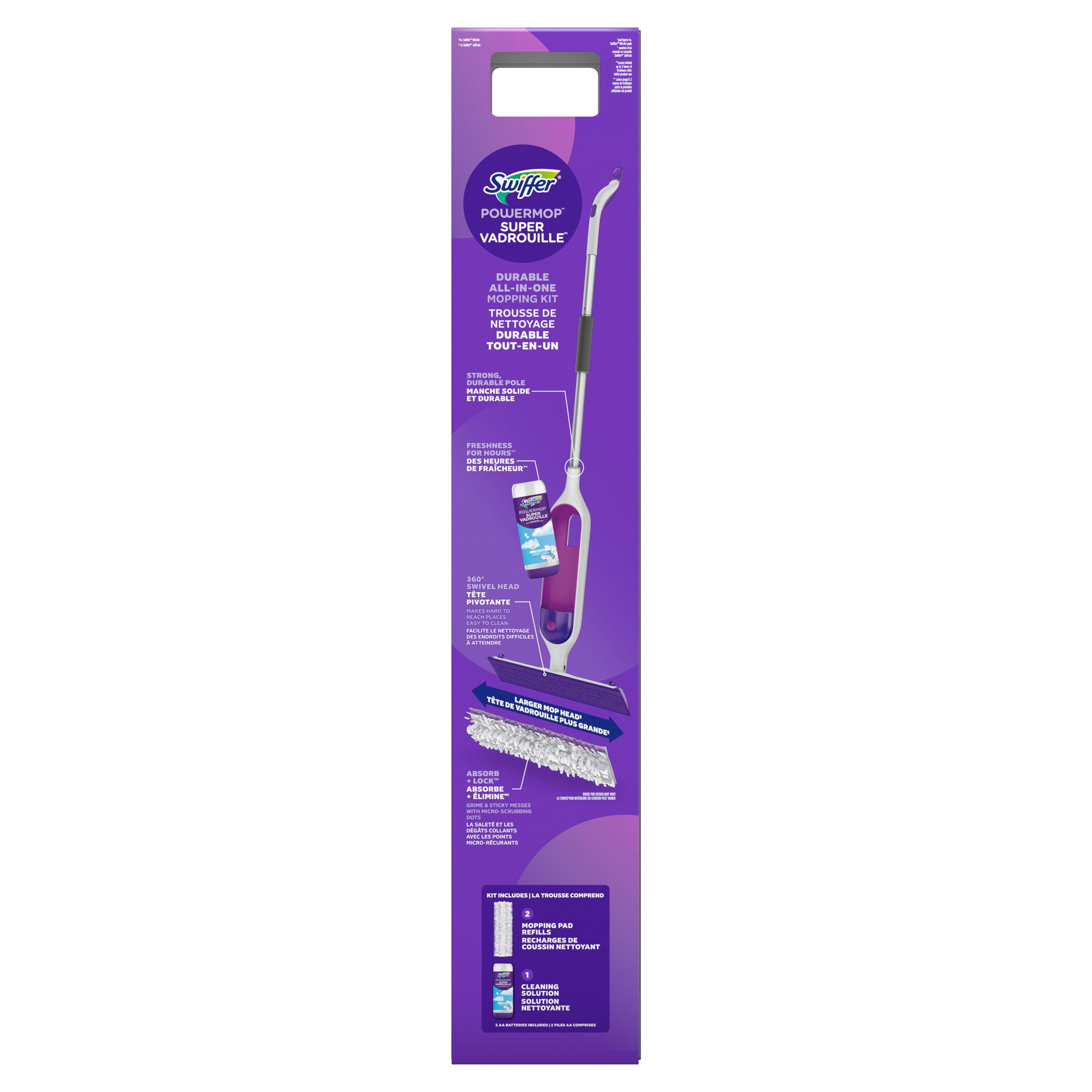 Trousse de nettoyage multisurfaces Swiffer SuperVadrouille pour le nettoyage des planchers parfum Frais la trousse comprend un balai SuperVadrouille 2recharges de coussins nettoyants 1sltin nettoyante
