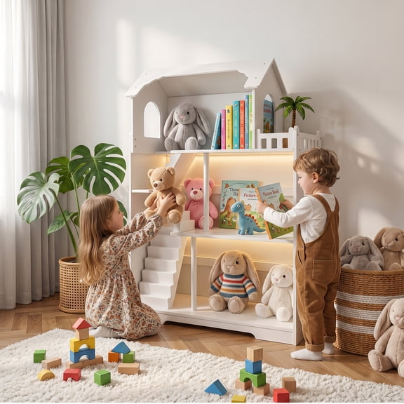 FvMuCore Wooden Dollhouse, 3-Story White Doll House with Furniture, Ages 3-8
