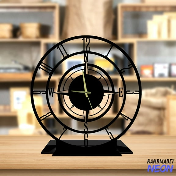 Handmadetneonsign Compass Tabletop Metal Clock, Compass Desktop Clock, Black Home Decor Clock 75758