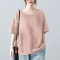 thumbnail image 3 of Perfectbot Linen Tops for Women Half Sleeves Round Neck Basic Blouse Summer Loose Fit Shirts, 3 of 6