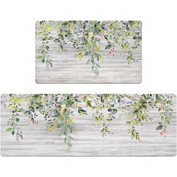 Anti Fatigue Kitchen Mats for Floor Set of 2 Leaf Floral Non Slip Cushioned Kitchen Rugs Waterproof Memory Foam Kitchen Floor Mat