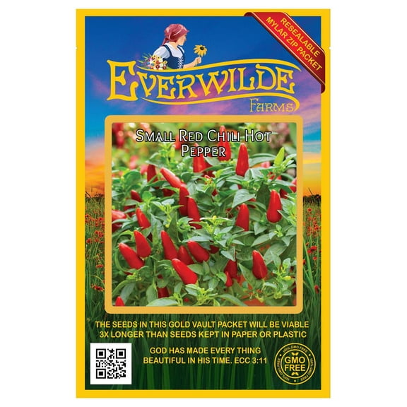 Everwilde Farms - 25 Small Red Chili Hot Pepper Seeds - Gold Vault Seed Packet