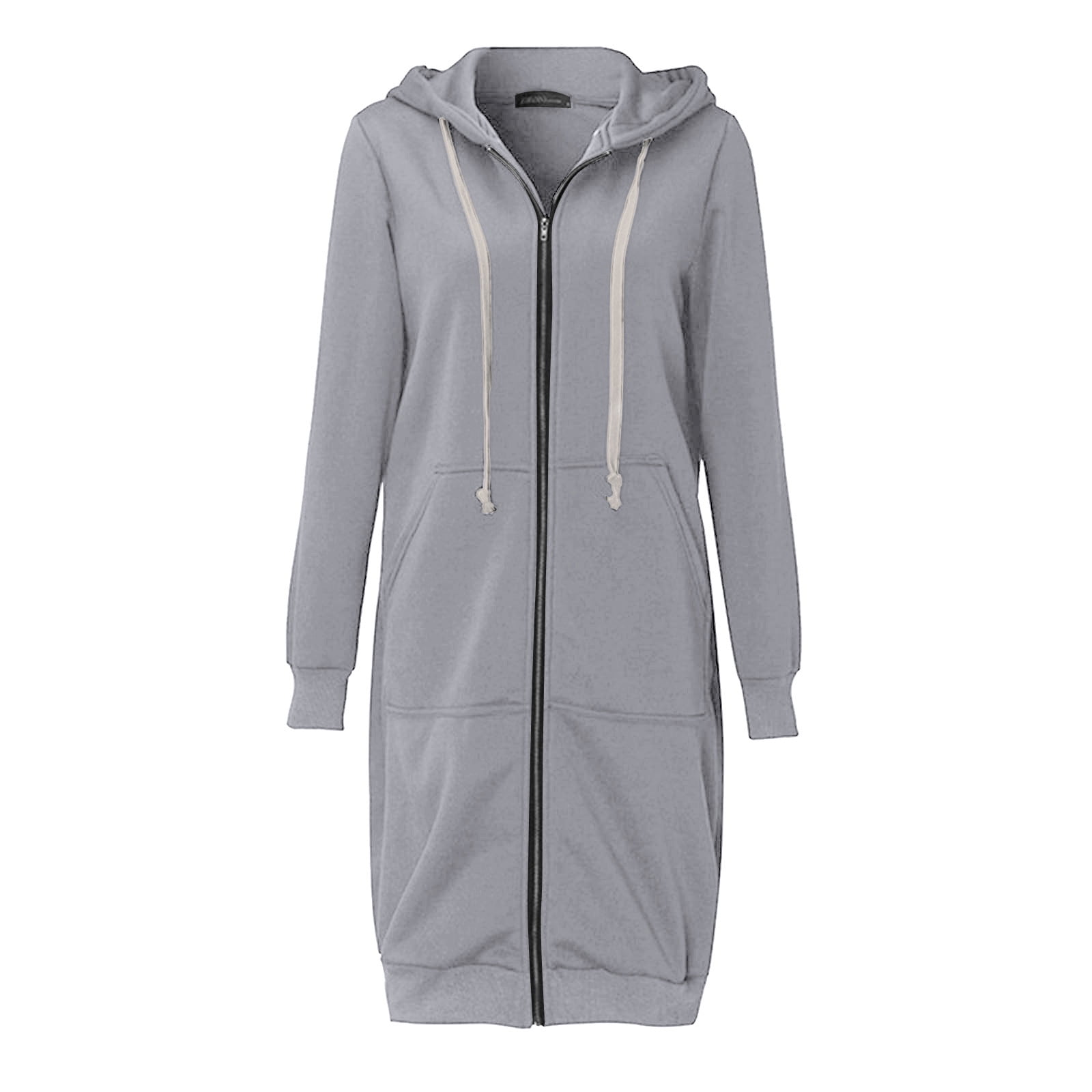 Scyoekwg Long Coats for Women Overcoat Long Sleeve Hooded Neck Coat Solid Color Casual Jacket Plus Fleece Insert Pocket Hooded Zipper Mid Length Sweater Gray XXXXXL