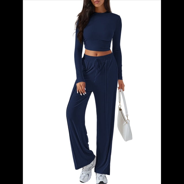 Conjunto Deportivo Y2K de Dos Piezas para Mujer, con Larga, Top Ajustado y Pantalones Anchos, Ideal para y Otoño Azul Oscuro L