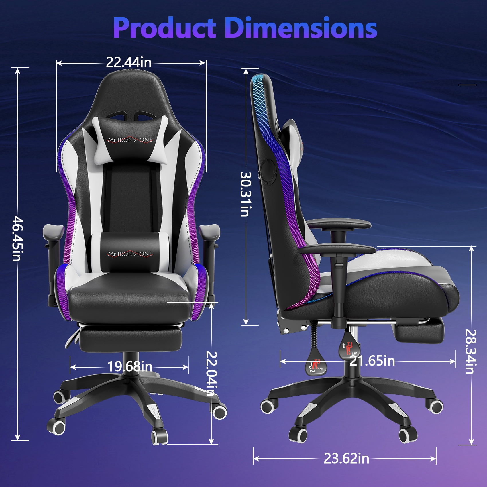 Mr IRONSTONE Gaming Chair for Adults, 7 Point Massage Computer Chair with Bluetooth Speakers RGB, Heavy Duty 400lbs Ergonomic PC Chair with 3D Armrests Footrest, Black/White