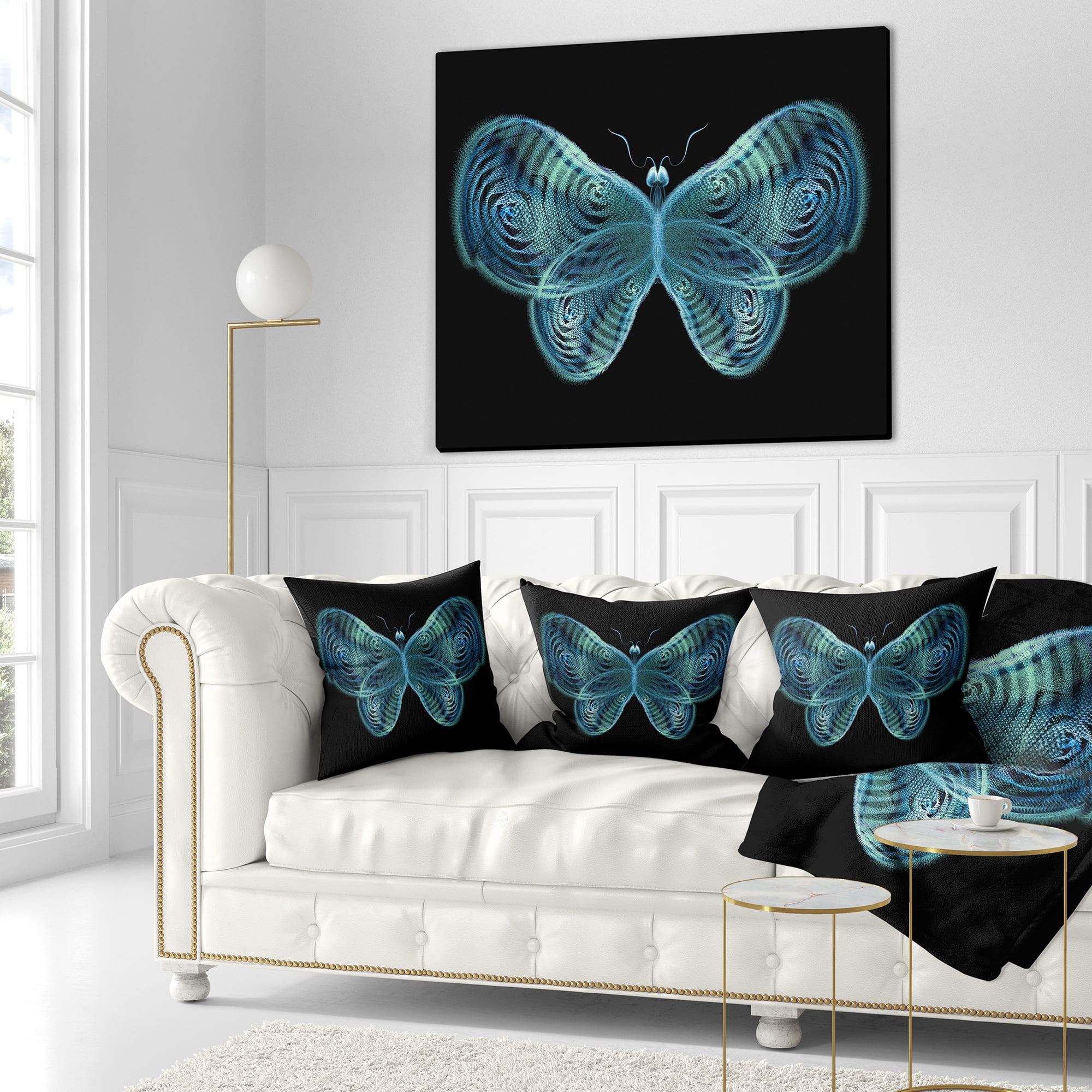 Designart Light Blue Fractal Butterfly in Dark - Abstract Throw Pillow - 16x16