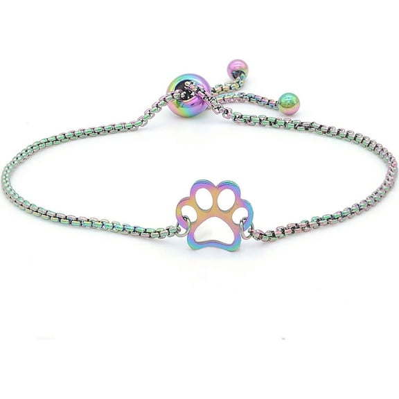 Stainless Steel Rainbow Multicolor Adjustable Size Dog Cat Paw Charm Chain Bracelet