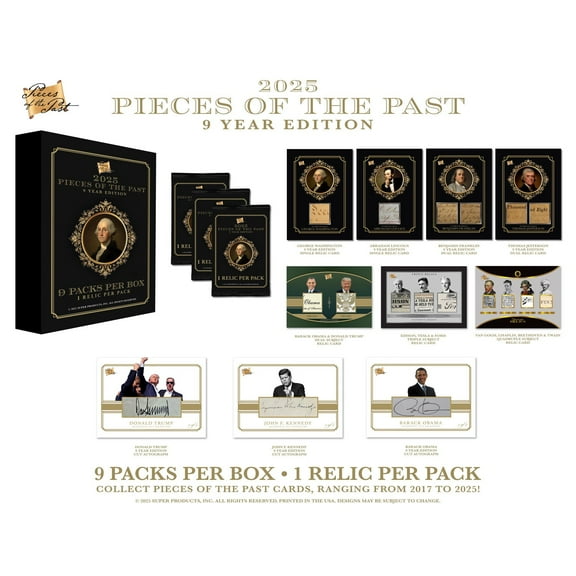 Super Break 2025 Pieces of the Past 9 Year Collection Trading Card Box (9 Packs, 9 Relic Cards)