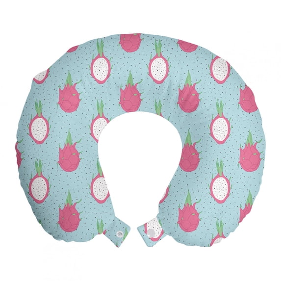 Fruits Travel Pillow Neck Rest, Hand Drawn Like Sketch of Exotic Dragon Fruit on Dotted Backdrop, Memory Foam Traveling Accessory Airplane and Car, 12", Pale Blue and Pastel Pink, by Ambesonne