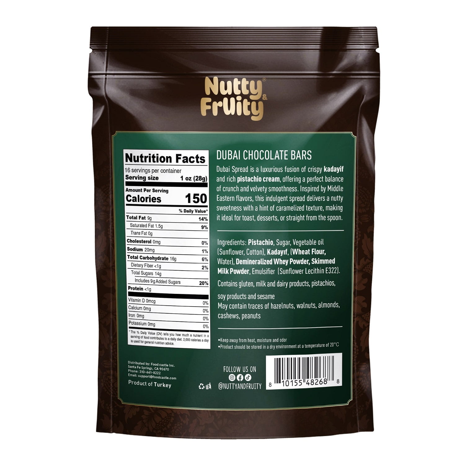 Nutty Fruity Dubai Chocolate Bars, Milk Chocolate Filled with Pistachios and Crunchy Kadayıf, 16oz (454g), Individually Wrapped
