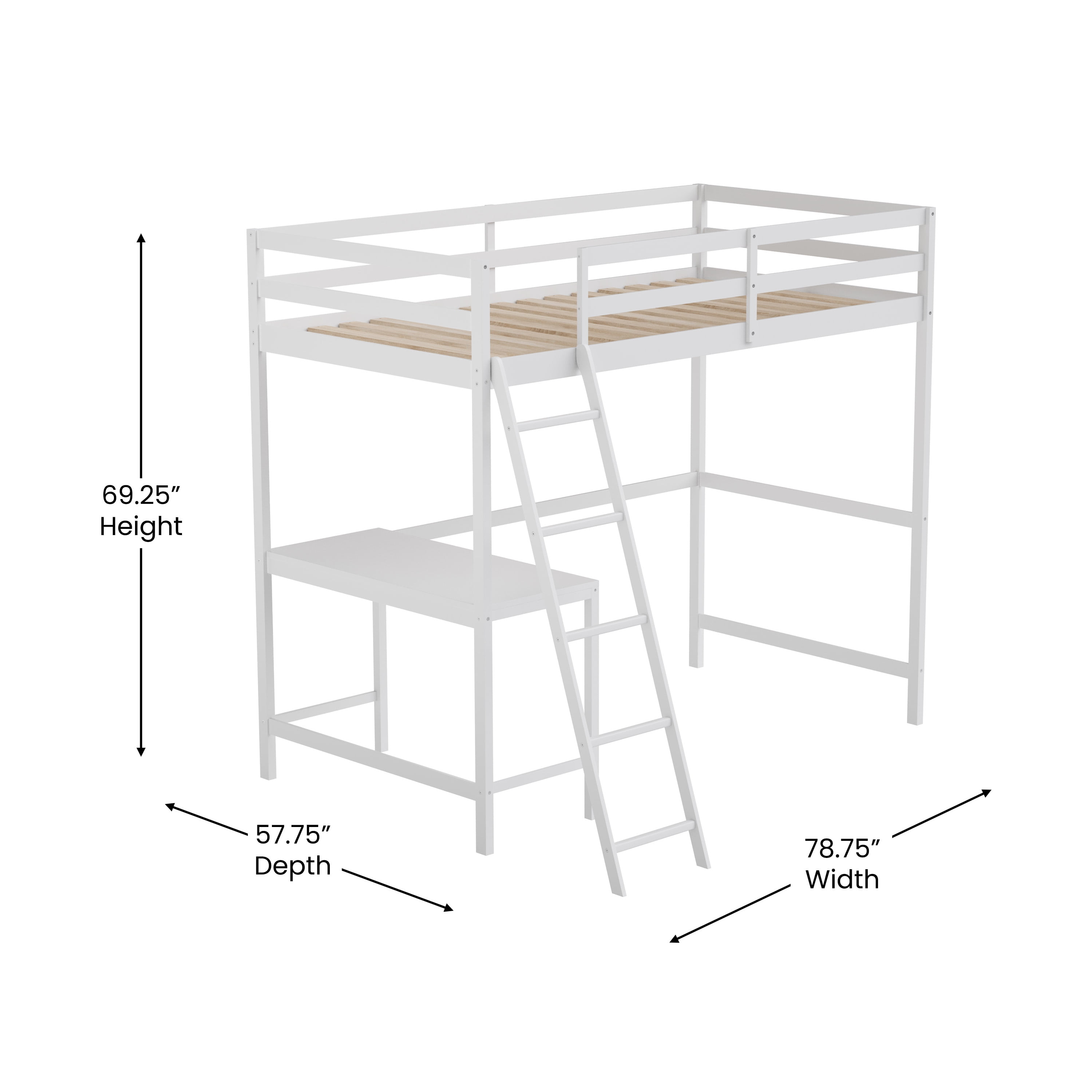 Flash Furniture Riley Loft Bed Frame with Desk, Twin Size Wooden Bed Frame with Protective Guard Rails & Ladder for Kids and Teens - White