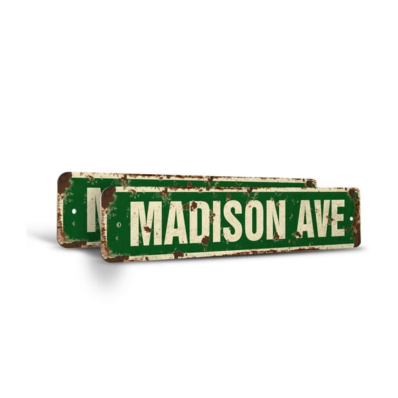 MADISON AVENUE Vintage Style Rustic Street Sign – (2 Pack) Manhattan New York Signs Advertising Retro Decorative Wall Sign for Home, Bar, Garage, or Outdoor Use | 6" X 24" Aluminum