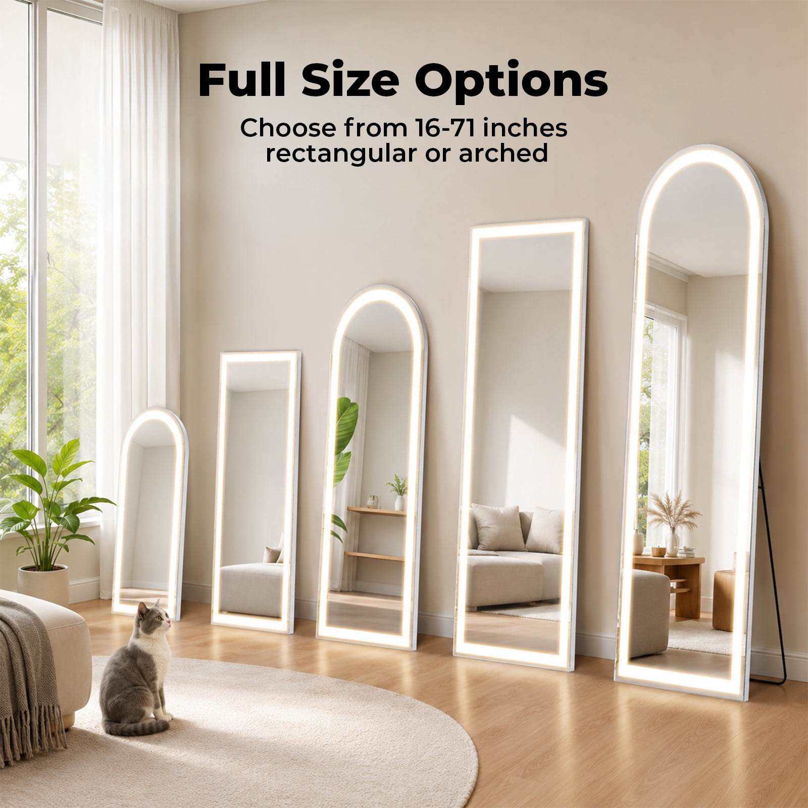 Alvantor Full Length Mirror with LED Lights,Lighted Full Body Floor Mirror with Dimming & 3 Color Lighting, Stand for Bedroom, Dressing Room, Rect/Arched