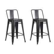 Distressed Metal Barstool with Back, Black, 24 -inch, Set of 2