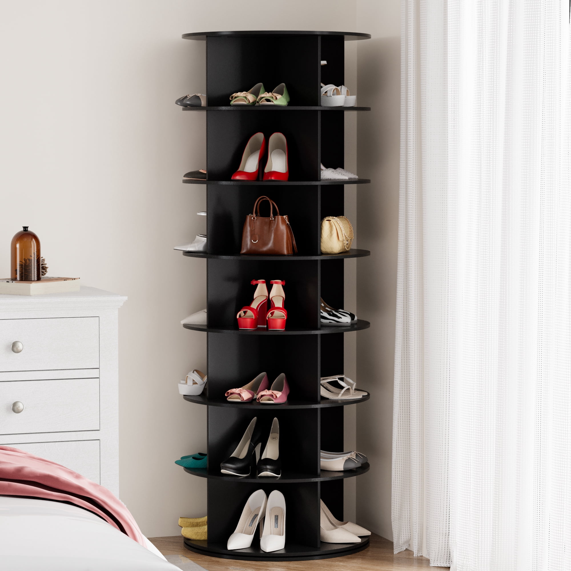 SpaceAid Rotating Shoe Rack Tower 7 Tier, Display Lazy Susan, Black, 23.2"D x 23.2"W x 63"H