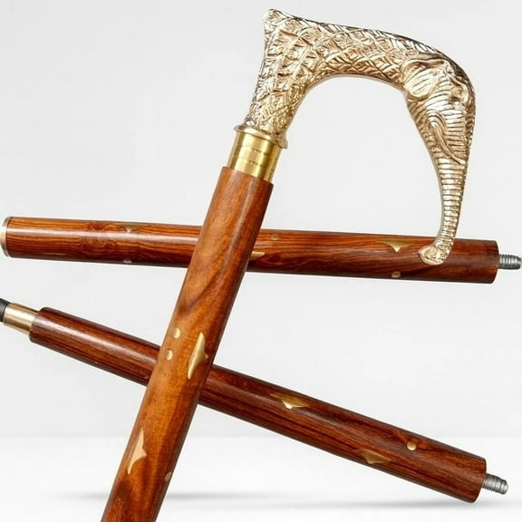 Brass Elephant-Head Handle 3-Section Foldable Wooden Walking Stick Cane Gift