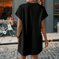 thumbnail image 3 of Solid Color Round Neck Loose Short Sleeve Pocket Dress Black S, 3 of 4