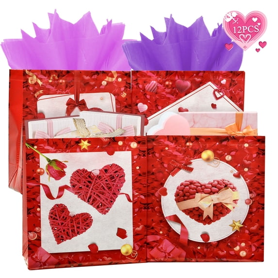 12PCS Happy Valentines Day Reusable Gift Bags, Treat Bags with Handles, Valentines Day Party Bags, Multifunctional Non-Woven Valentines Bags for Gifts Wrapping, Valentines Party Supplies(Red)