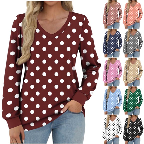 Agkizg Womens Fall Clothing Plus Size Womens Tops Long Sleeve Blouses Random Polka Print Loose Casual Long Sleeve V-Neck T-Shirt Top M