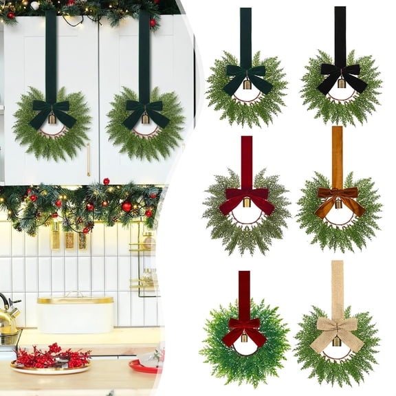 6PCS 10In Mini Christmas Wreaths | Kitchen Cabinet Wreaths with Red Ribbon & Bow | Indoor/Outdoor Door, Window, Table & Pillar Holiday Decor