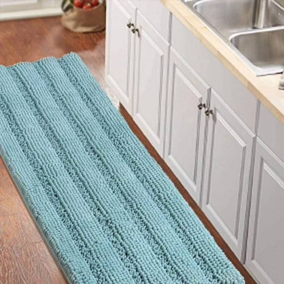 YANGLI Non-Slip Shaggy Chenille Bathroom Rug 59"x20", Extra Long Microfiber Bath Mat, Super Water Absorbent & Soft Washable, Aqua Haze