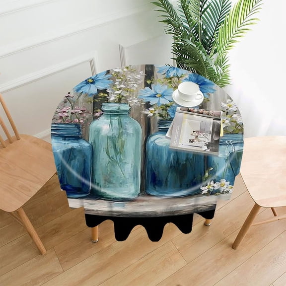 RKSupls 60 Inch Round Tablecloth, Blue Jars Flowers Premium Polyester Straight Edge Wrinkle Resistant Washable Table Cover for Party Home Dining Decor