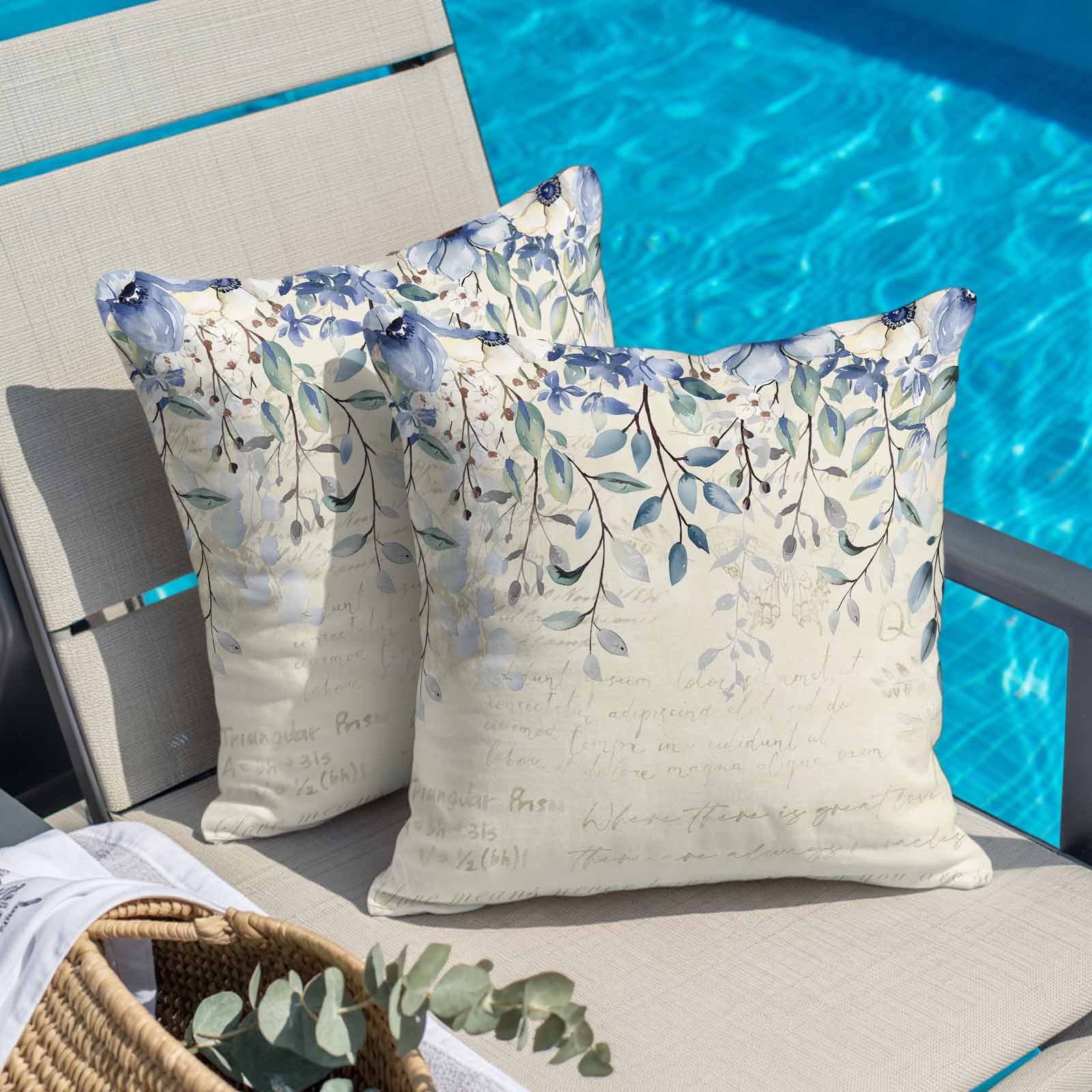 Blue Eucalyptus Leaves Pillow Covers 16x16 Inch, Farmhouse Retro Botanical Floral Linen Pillowcase with Invisible Zipper, Decorative Throw Pillow Covers Cushion Case for Couch Sofa Bed Living Room