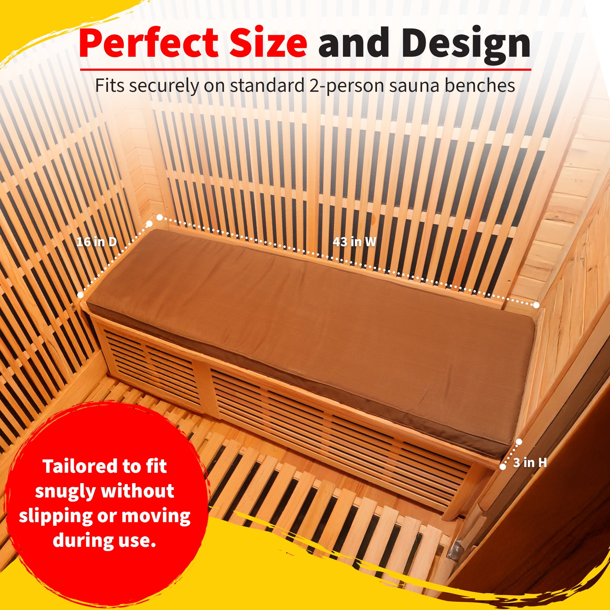 Heatwave 43-in Polyester Wood Sauna Seat Cushion – Durable Quick Drying & Moisture Resistant Foam, Machine Washable Cover with Zipper – Indoor Infrared Sauna Accessories - Pack of 1, Brown