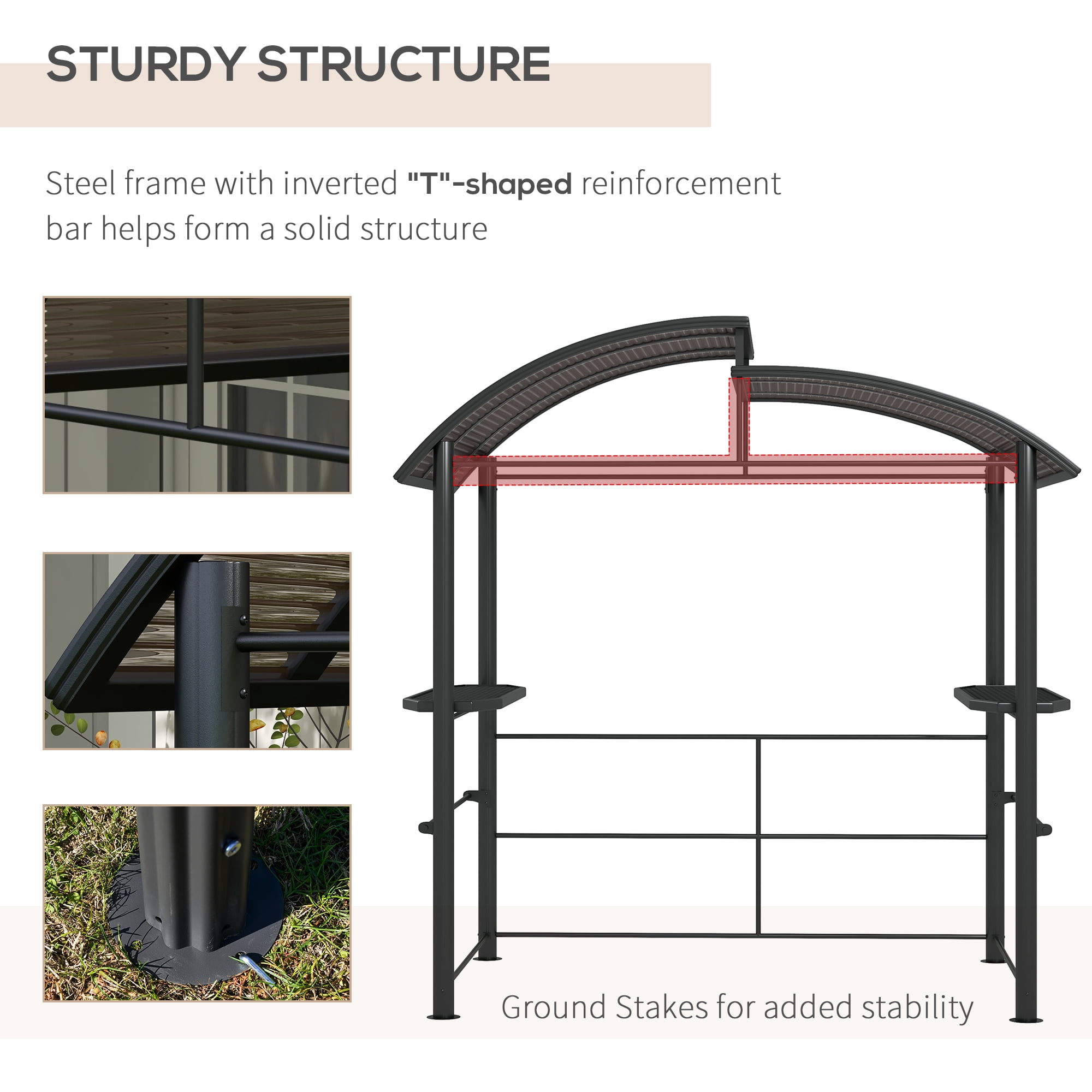Outsunny 8' x 5' Grill Gazebo Shelter with Interlaced Vented Polycarbonate Roof, Outdoor BBQ Gazebo with Side Shelves for Hanging Tools