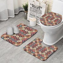 Orange Ethnic Rhombus Pattern Bathroom Rugs Sets 3 Piece,Toilet Cover Set,Absorbent Non Slip Bathroom Mats Sets with U-Shaped Contour Rug Toilet Rug Set