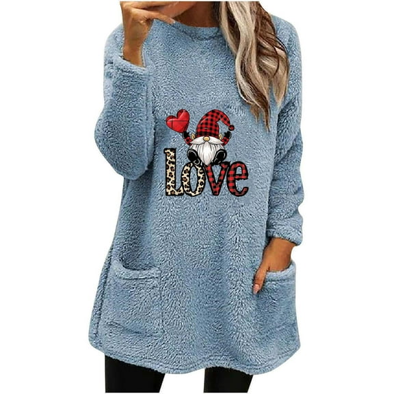 asdoklhq Christmas Turtleneck Sweater Women Christmas Round- Neck and Winter Loose Solid Pocket Warm Long Sleeve Blouse Blue 2X