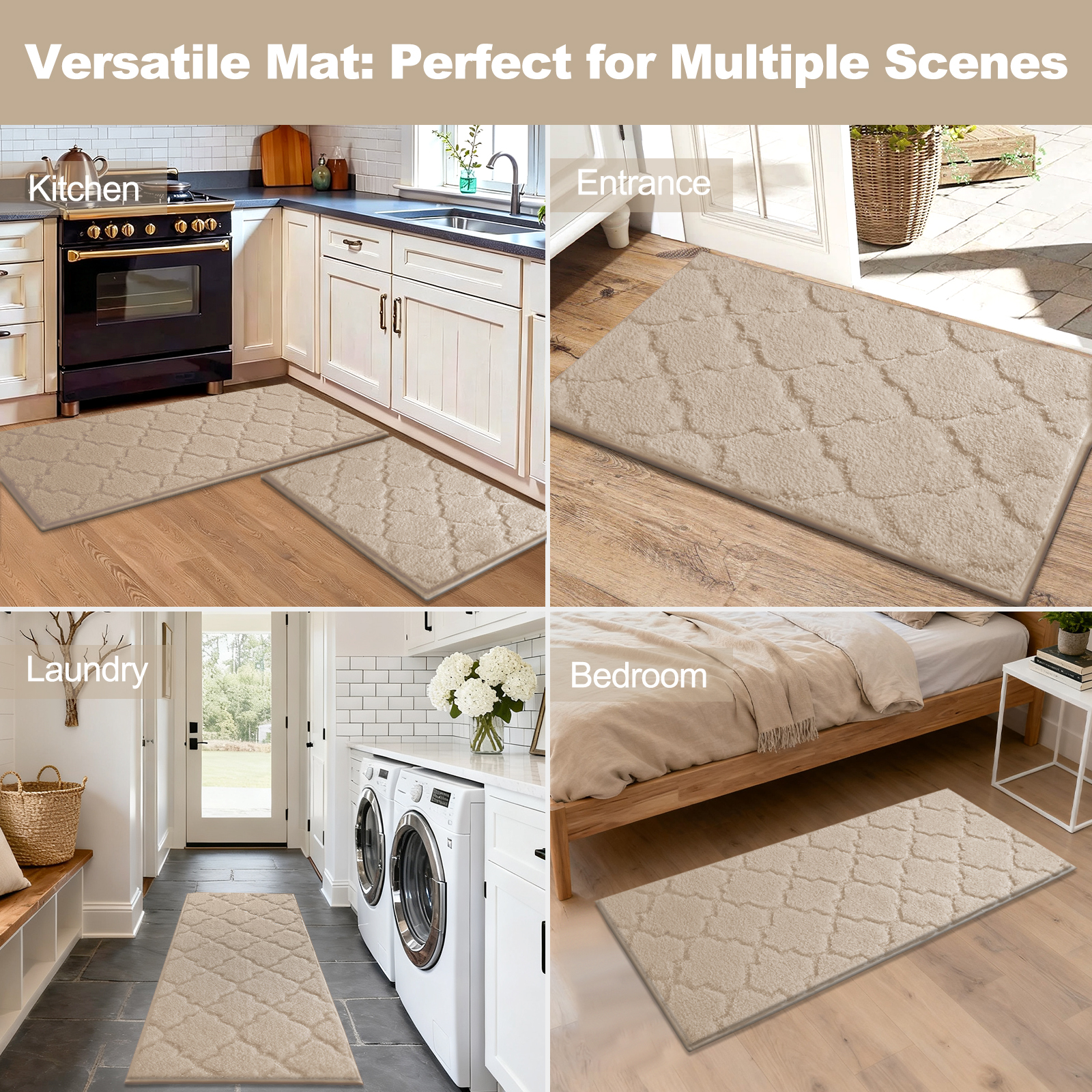 Findosom Bathroom Rugs Sets 3 Pcs,Non Slip Soft Absorbent Microfiber Bath Mats and U-Shaped Contour Toilet Rug,Machine Washable Plush Shaggy Bath Mat Set for Bathroom 18"x26"+18"x48"+U 20"x24" Beige