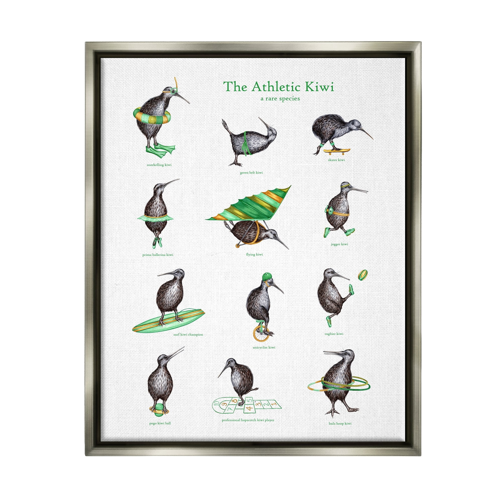 Stupell Industries Athletic Kiwi Various Exercises Bird Drawings Chart Graphic Art Luster Gray Floating Framed Canvas Print Wall Art, Design by Amelie Legault