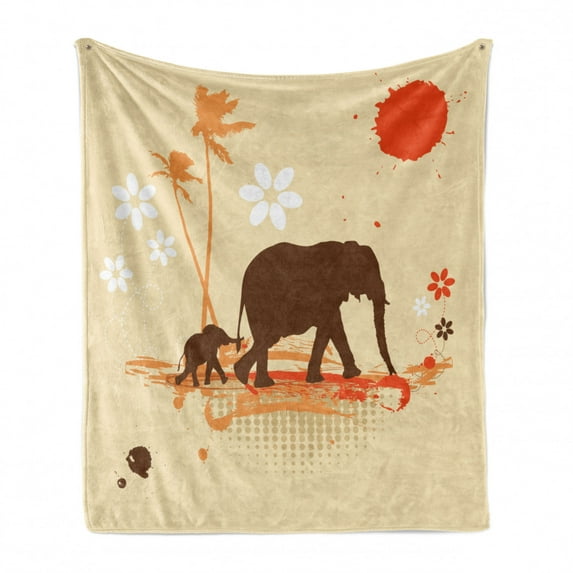Animal Soft Flannel Fleece Throw Blanket, Mother Babyin Tropical Lands Desert Illustration of Safari Kids, Cozy Plush for Indoor and Outdoor Use, 50" x 70", Orange Brown Cream, by Ambesonne