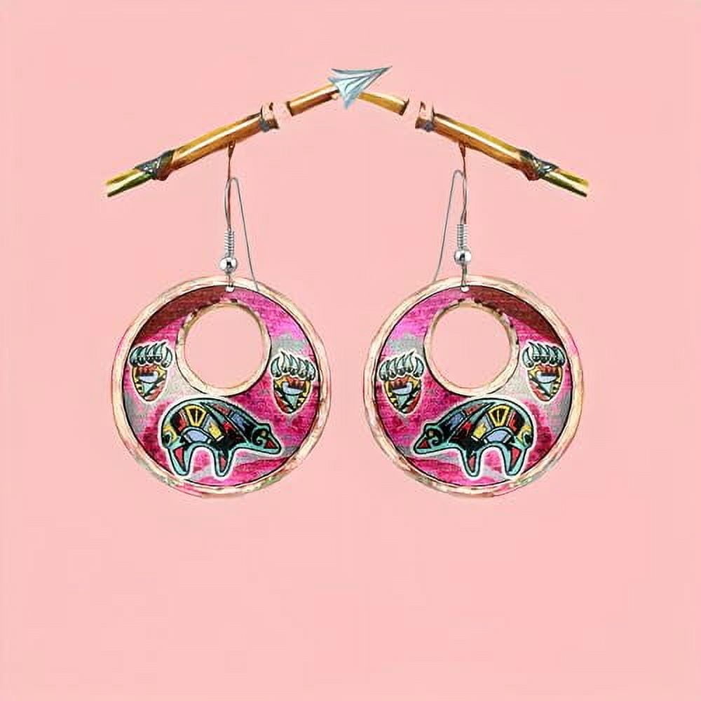 Copper Hoop Earrings featuring designs such as Wolves, Eagle, Bears, Cat, Dolphin, Horse, Inukshuk, Chief, Skull, Butterflies, Dragonflies, Kandinsky, Zuni, Sunburst, and Turtle (SunburstHoop)