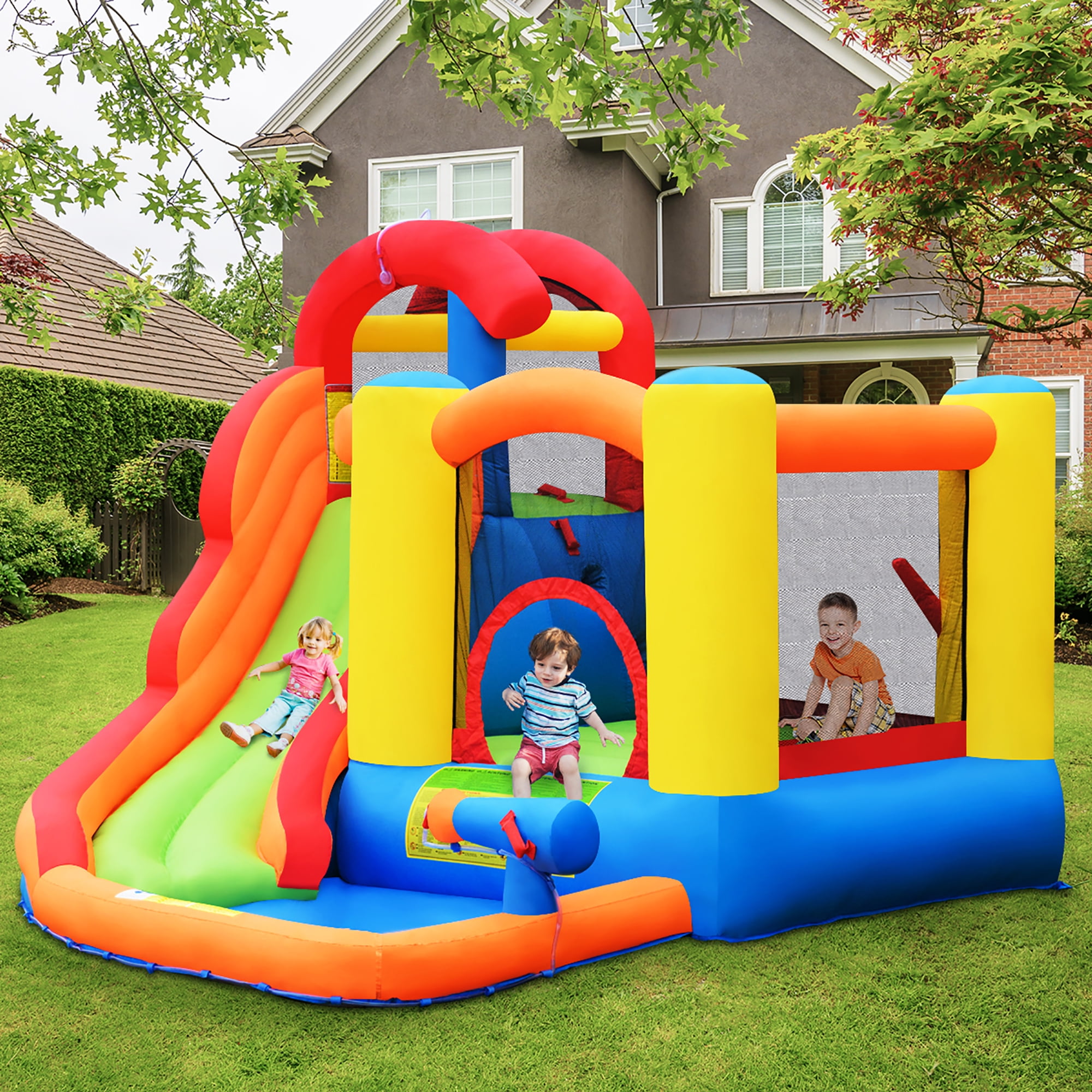 WATERJOY Kids Inflatable Castle，Jungle Kangaroo Slide Jumping Castle with 740W Blower,Bounce House Castle with Storage Bag for Outdoor Indoor Home Playground Garden Children Play with Blower 